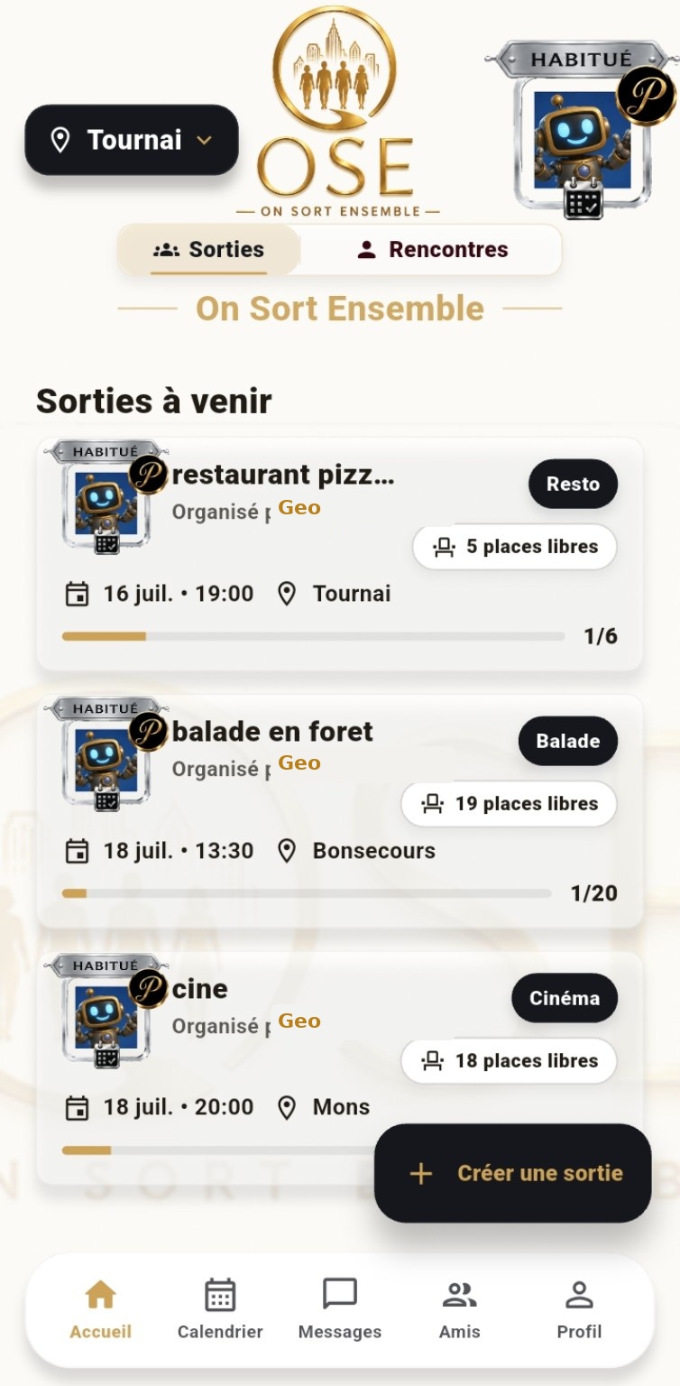 Écran d'accueil de l'application OSE